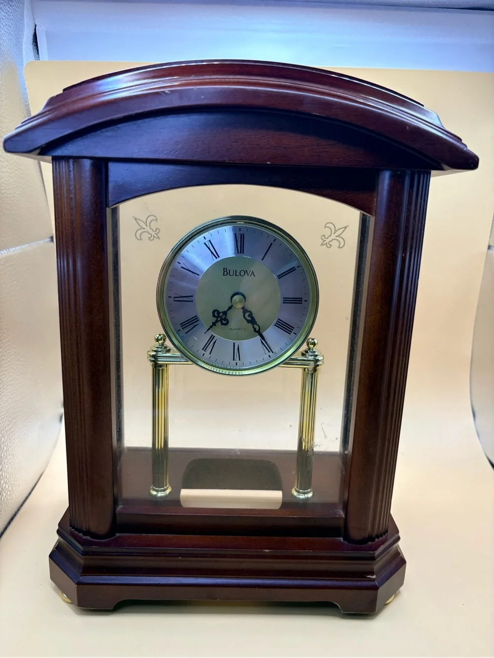Bulova Gold and Brown Wooden Mantel Clock with Glass Case